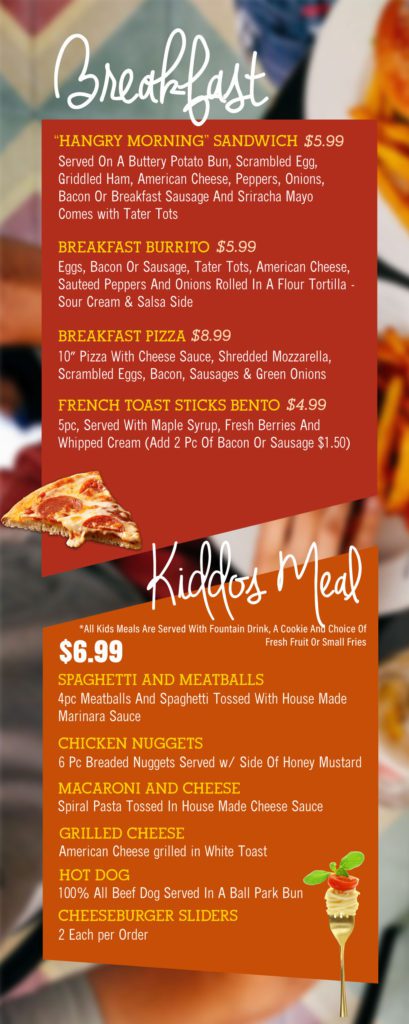 breakfast menu and kids menu from LOL Kids Club in Las Vegas