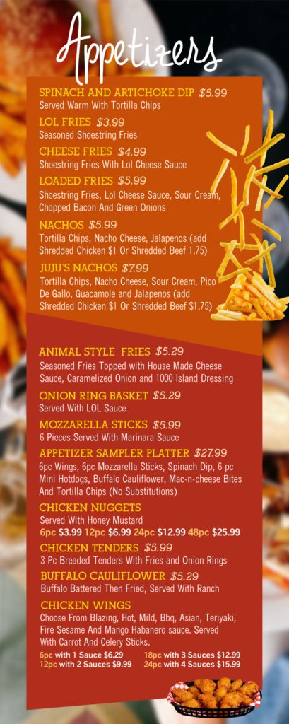 appetizer menu from LOL Kids Club in Las Vegas